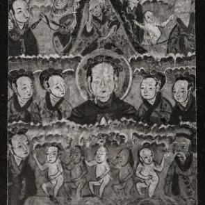 Black and white photo of a paper painting with many figures