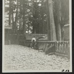 Road with stone fence and a man, Nikko