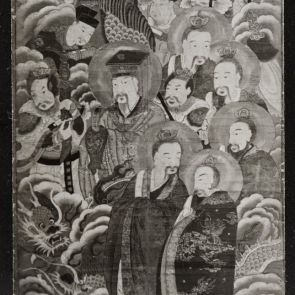 Black and white photo of a painting depicting a celestial scene