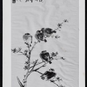 Chinese Bird Flower Scroll Image With Five Birds Photo In Black And White