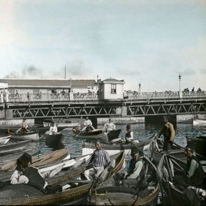 Constantinople. Caiques at the foot of Galata Bridge