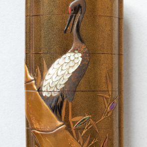 Four-case inrō with crane and bamboo motif