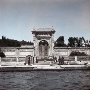 The gate of Çırağan Palace viewed from the Bosphorus. Blending Western and Ottoman elements, the building was completed in 1871