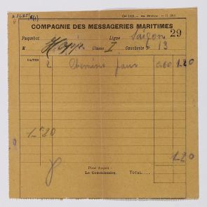 Laundry bill issued to Ferenc Hopp by the ship of Compagnie des Messageries Maritimes on the way to Saigon (Ho Chi Minh City)