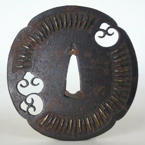 Tsuba in the form of a four petalled flower with three openwork fungus motifs