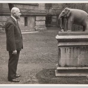Portrait of Zoltán Felvinczi Takács on his 80th birthday in the garden of the Hopp Museum, in front of the elephant
