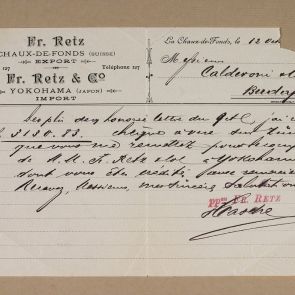 Notification letter of the delivery company, Retz & Co., about consignment from Yokohama to Budapest. The additional cost of delivery was 3130.83 Swiss francs at the company's branc office in Zürich