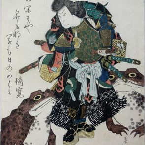Szamuráj két óriásvaranggyal. II. Arashi Rikan (1788–1837) kabuki színész, Jiraiya szerepében