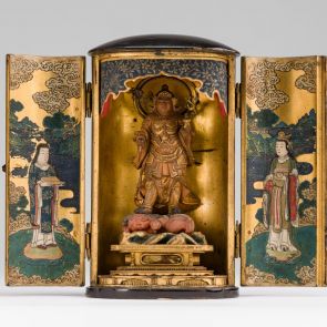 Portable Buddhist altar with the sculpted figure of Bishamonten in the centre, and landscapes with female figues painted on the inner sides of the doors
