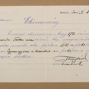 Receipt of Hungarian National Fine Art Society about purchase of painting of Hernandez titled "After the bath", for which Ferenc Hopp paid 1112 forints and 63 crowns