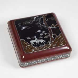 Lidded box with deer pair under a pine tree