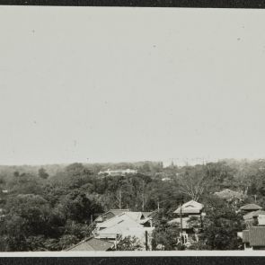 Tokiói látkép, sűrű lombok és háztetők egy emeleti ablakból, Tokyo