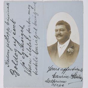 New Year greetings of the Wine Merchant Maurice Steiner from Melbourne, including his photograph