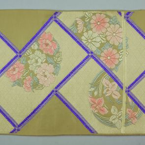 Japanese obi design sample peony, chrysanthemum and iris in round forms with beige background