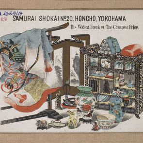 Reklámkártya angol nyelven: Samurai Shokai, antik és modern különlegességek üzlete, Yokohama