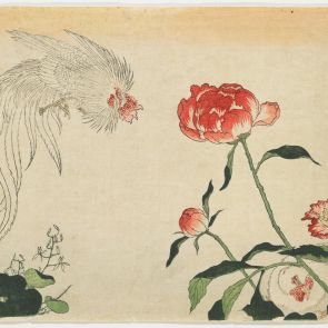 Rooster, hen and peonies