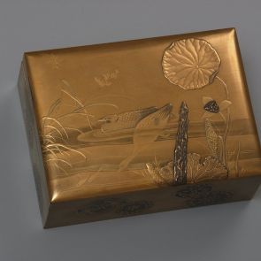 Box featuring a duck swimming in a lotus pond, and textile pattern decoration