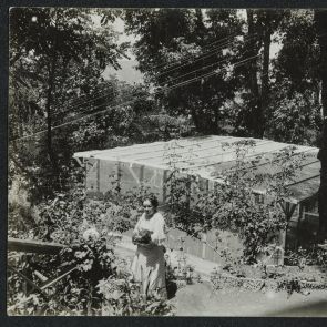 Marie-Antoinette in front of the swimming pool with a cat