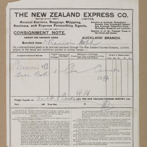 Delivery note of The New Zealand Express Co. about delivery of a crate of old artefacts from Auckland to London