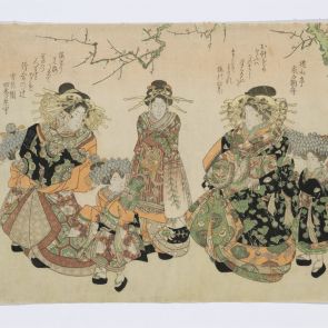 Oirans and kamuros (courtesans and their child attendants) dressed for the new year beneath plum blossoms, with verses by Yūzantei Kinuginu no Asabune and Setsugetsuen Shiki no Hanamori