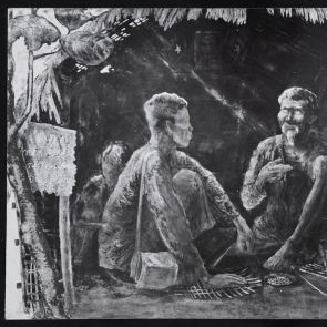 Fekete-fehér fotó Lê Quoc Loc "Beszélgetés" című festményéről